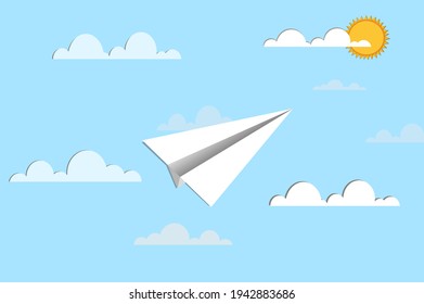 concept of business success, Paper plane white flying on sky between cloud and sun. to the target. startup. creative idea. vector illustration