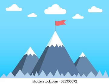 Concept Business And Success. Red Flag On A Mountain Peak.