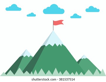 Concept business and success. Red flag on a Mountain peak.