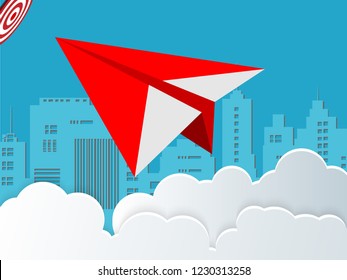 concept of business success. Red paper airplane white flying on sky between cloud. beautiful natural landscape. to the target. startup. creative idea. vector illustration
