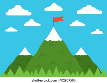 Concept business and success. Top of the mountain with red flag.