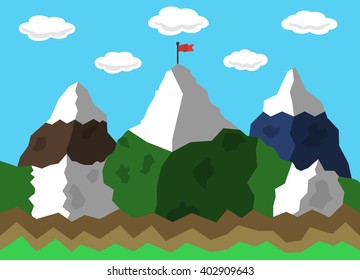 Concept business and success. Top of the mountain with red flag. Flat vector illustration.