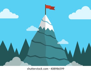 Concept business and success. Top of the mountain with red flag. Flat vector illustration.