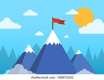 Concept business and success. Top of the mountain with red flag. Flat vector illustration.