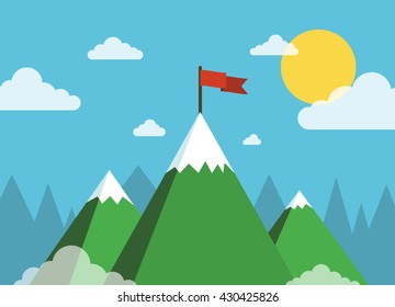 Concept business and success. Top of the mountain with red flag. Flat vector illustration.