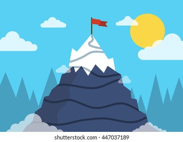 Concept business and success. Top of the mountain with red flag. Flat vector illustration.