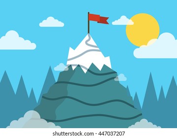 Concept business and success. Top of the mountain with red flag. Flat vector illustration.