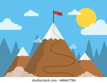 Concept business and success. Top of the mountain with red flag. Flat vector illustration.