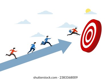 Concept of business team achieving their goals. people running towards their goal along the arrow towards the target, increase motivation, way to achieve the goal, business flat vector illustration.