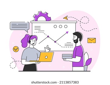 Concept of business team. Man girl next to charts. Analytical department chooses best solution for development of company. Marketing research, work with statistics. Cartoon flat vector illustration