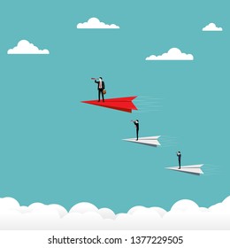 Concept Business Team Vision, Businessman holding a binocular stand on paper plane, Business team looking for success, Vector illustration flat