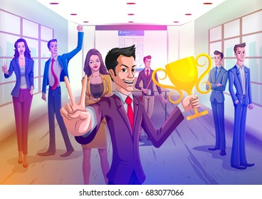 Concept of Business team with winner trophy showing victory sign. Vector illustration