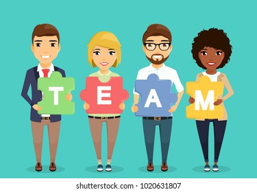 The concept of the business team. Young guys and girls in business suits. At them in hands a puzzle of different colors. Different. In flat style. Cartoon.