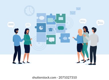 Concept of business. Teamwork, employees exploring directions. Cooperation, partnership, colleagues. Crowd of people evaluates work of company, regular customers. Cartoon flat vector illustration