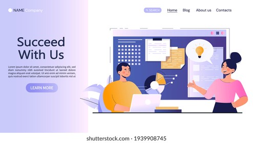 Concept of business teamwork and project development with a man and woman discussing their ideas in office and copyspace, flat cartoon colored vector illustration for a website landing page template