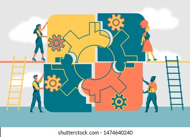 Concept of business teamwork. Team metaphor. Contemporary people connecting puzzle for gear work. Vector illustration flat design style. Symbol of teamwork, communication, cooperation, partnership.