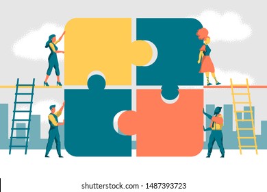 Concept of business teamwork. Team metaphor. Contemporary people connecting puzzle. Vector illustration flat design style. Symbol of teamwork, communication, cooperation, partnership.