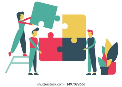 Concept of business teamwork. Team metaphor. Contemporary people connecting puzzle. Vector illustration flat design style. Symbol of teamwork, communication, cooperation, partnership.