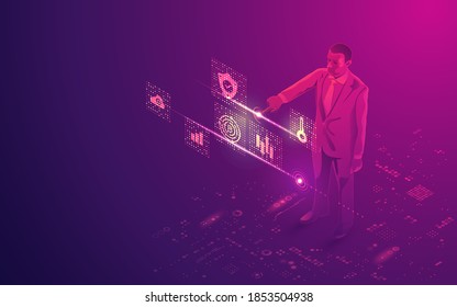 concept of business technology advancement, businessman with futuristic finance interface presented in isometric