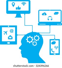 Concept of Business Technology Solution with laptop, mobile phone, tablet and computer from human, Vector Illustration EPS 10.