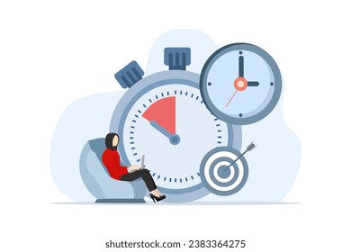 concept of business time management, deadlines, planner, time organization efficiency. Project team work schedule. Good business processes. woman sitting and doing work on laptop. vector illustration.