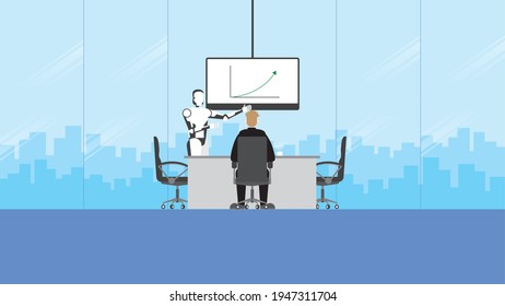 ฺ Concepto tecnológico de formación y presentación de negocios en el futuro. La inteligencia artificial es un colega de trabajo en equipo en la sala de conferencias. La gente se sienta y escucha al portavoz del robot.
