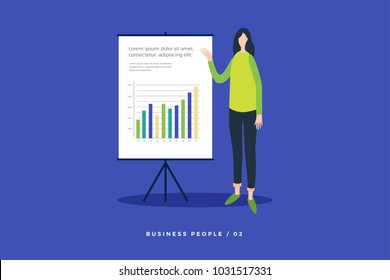 Concept of business training, seminars, and trainings. Young woman near presentation board shows growing chart. Vector flat illustration for website, presentation and promotional materials.