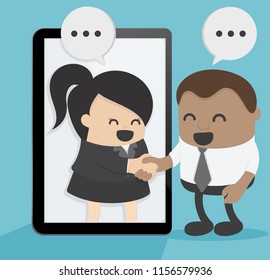 Concept business two African businessman and businesswoman interacting with each other through mobile device displays. Online
