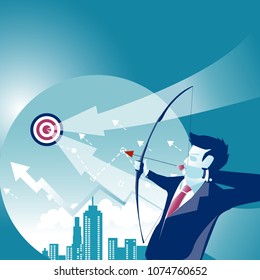 Concept business vector illustration. Businessman holding bow and shooting to archery target.