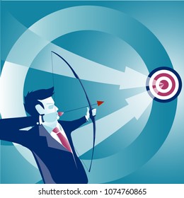 Concept business vector illustration. Businessman holding bow and shooting to archery target.