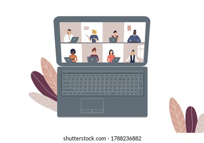 The concept of business videoconference,distance learning or online training during the virus epidemic.Laptop with a lot of open windows on Internet page with different people.Vector illustration