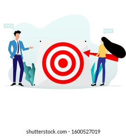 Concept of business vision and target, Businessman is standing to teach the businesswoman who holding an arrow to focus through to success in career path.