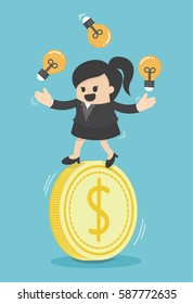 Concept business woman play acrobatic bulbs on money