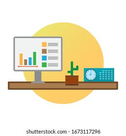 Konzeption der Geschäftstätigkeit im Büro auf Tischcomputer, Uhr, Monitore, Kalender, Kaktus, Pflanzendekoration, Diagramm Präsentation, Schreibtisch, gute Arbeit