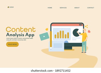 Concept of businessman analyzing content, Content marketing, Analytics for Digital marketing - conceptual vector landing page illustration with icons