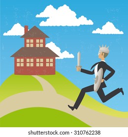 Concept of businessman to attack by real estate. The grunge texture is removable from the background. 