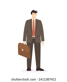 Concept with businessman in business blue suit with a briefcase in his hand in cartoon style. Blue background with work process icons, illustration.