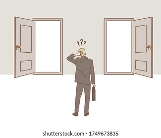 Concept of businessman choosing the right door. Hand drawn style vector design illustrations.