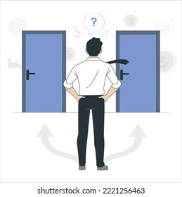 Concepto de empresario escogiendo la puerta derecha. Hombre parado frente a dos puertas, incapaz de tomar la decisión correcta con signos de interrogación debajo de sus piernas. ilustración vectorial