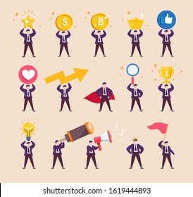 Concept with businessman, development of business creation, brainstorming, Set of flat design style people icons.Vector flat illustration for web design and app development, business plan.