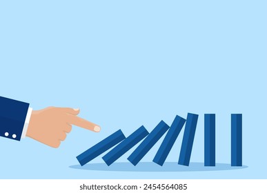 Concept Geschäftsmann Hand drückt den Domino-Effekt. Kettenreaktionskonzept. Erfolgreiches Eingreifen. Geschäftsmetapher. Vektorillustration im flachen Stil.