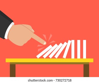 Concept businessman hand pushing the domino effect. Vector illustration.