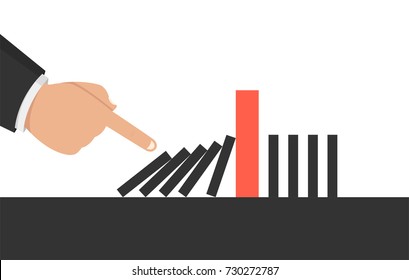 Concept businessman hand pushing the domino effect. Vector illustration.