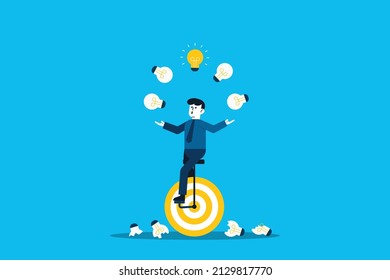 Concept businessman juggling with light bulbs. Creativity and ideas, innovation or skill to success in business