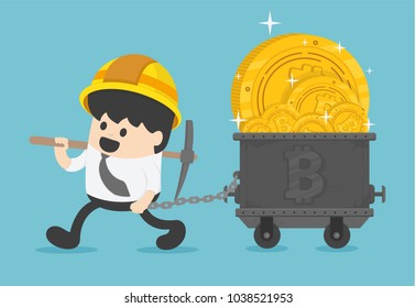 concept with businessman miner and coins.  working in bitcoin mine