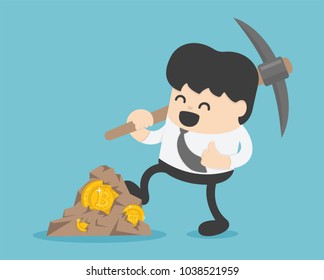 concept with businessman miner and coins.  working in bitcoin mine