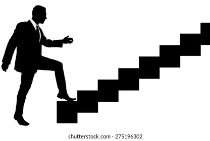Concept, businessman on stair or steps, metaphor to success, climb, business, rise, achievement, growth, job, career, leadership, education, goal or future
