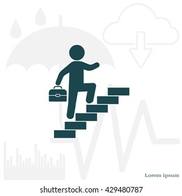 Concept, businessman on stair or steps, metaphor to success, climb, business, rise, achievement, growth, job, career, leadership, education, goal or future
