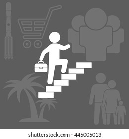 Concept, businessman on stair or steps, metaphor to success, climb, business, rise, achievement, growth, job, career, leadership, education, goal or future