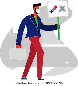 Concept of businessman with a placard of a vaccine against of coronavirus COVID-19